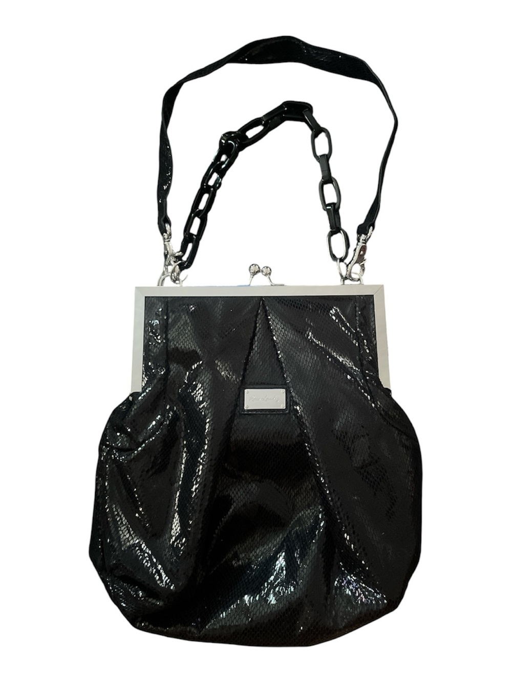 Kate Landry Black Patent Shoulder Bag with Chain and Fabric Strap